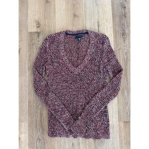 Tommy Hilfiger Marled V-Neck Knit Sweater Womens S Red Navy Blue Cotton Preppy